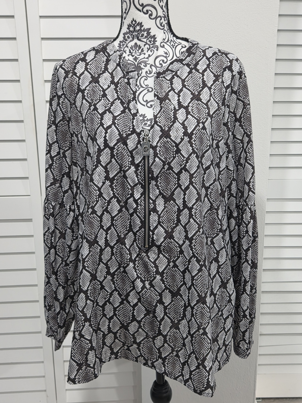 Michael Kors Black & White Snake Print Zip Front Blouse